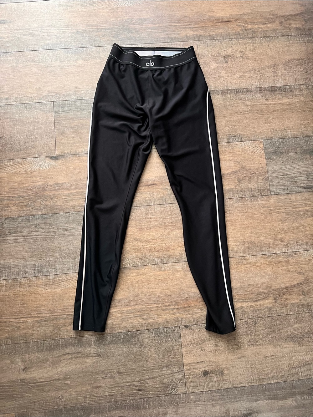 ALO Yoga Black Leggings with White Side Stripes
